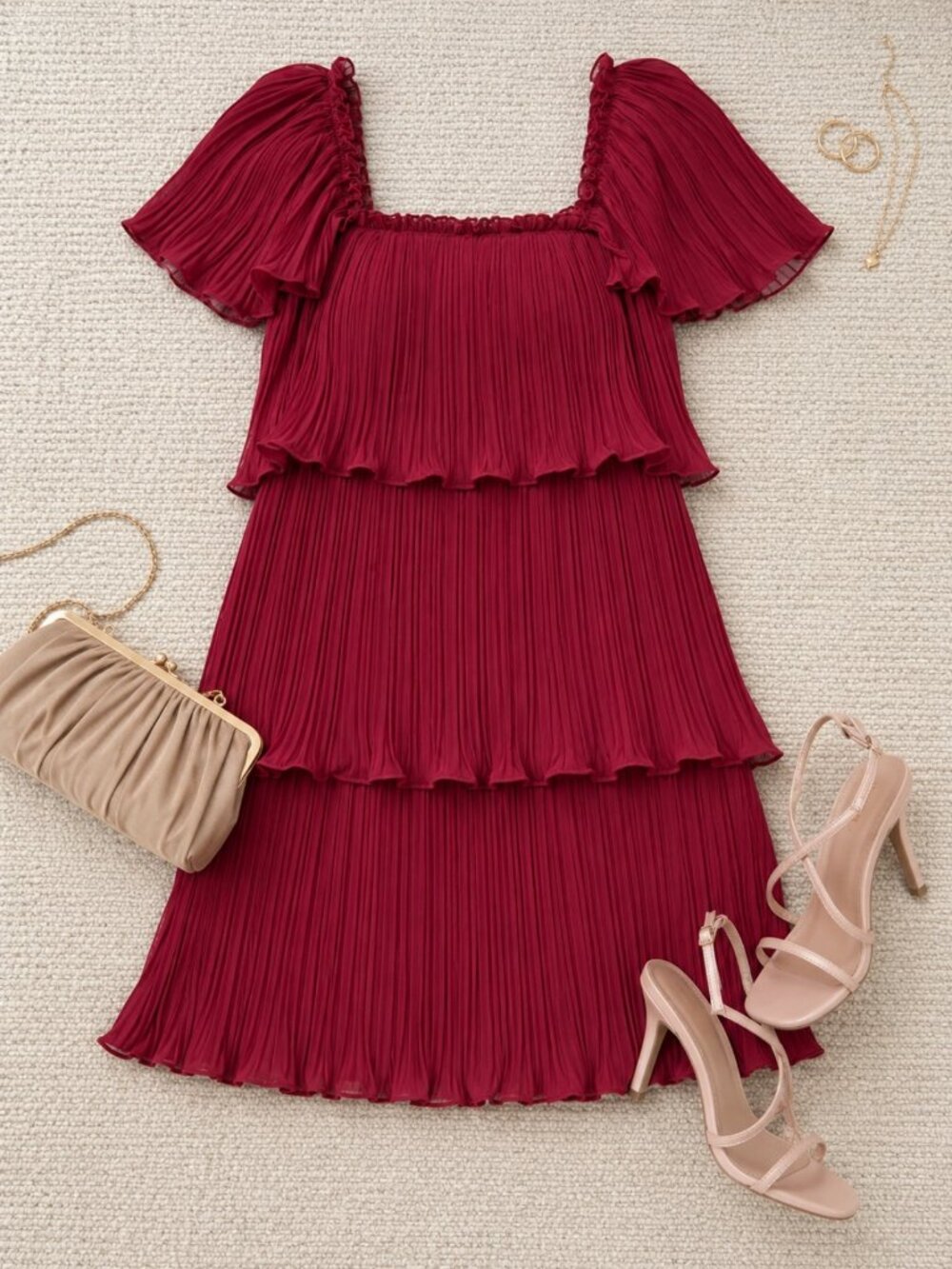 DKNY Beet Square-Neck Pleated Tiered Short Dress Size 14 NWT